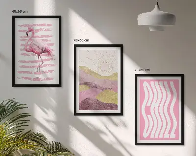 Juego de 3 cuadros paisaje con flamencos rosas en tonos pastel