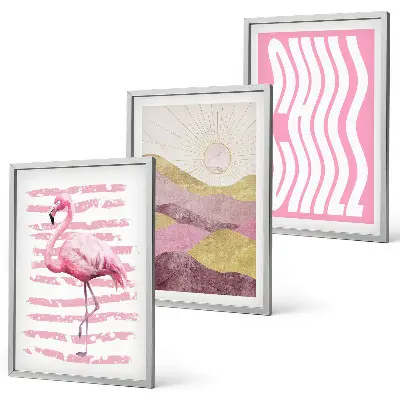 Juego de 3 cuadros paisaje con flamencos rosas en tonos pastel