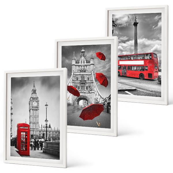 Set de 3 cuadros para salón Cabina de paraguas rojos y autobús de Londres