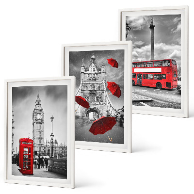 Set de 3 cuadros para salón Cabina de paraguas rojos y autobús de Londres