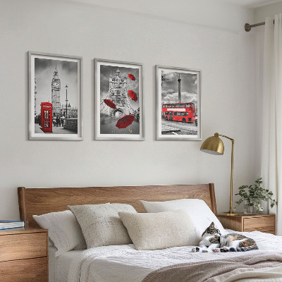 Set de 3 cuadros para salón Cabina de paraguas rojos y autobús de Londres