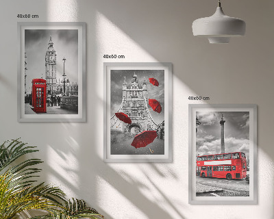 Set de 3 cuadros para salón Cabina de paraguas rojos y autobús de Londres