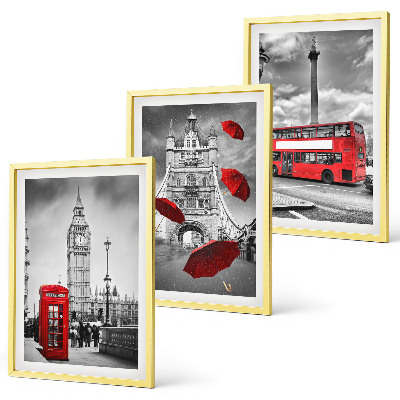 Set de 3 cuadros para salón Cabina de paraguas rojos y autobús de Londres