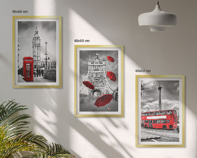 Set de 3 cuadros para salón Cabina de paraguas rojos y autobús de Londres
