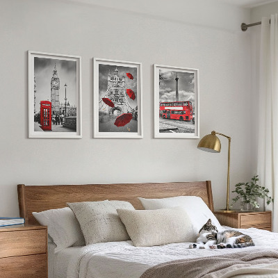 Set de 3 cuadros para salón Cabina de paraguas rojos y autobús de Londres