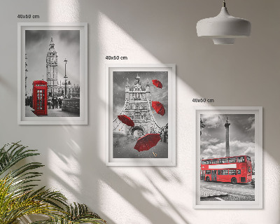 Set de 3 cuadros para salón Cabina de paraguas rojos y autobús de Londres