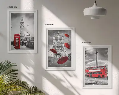 Set de 3 cuadros para salón con diseño de cabina, paraguas rojos y autobús de Londres