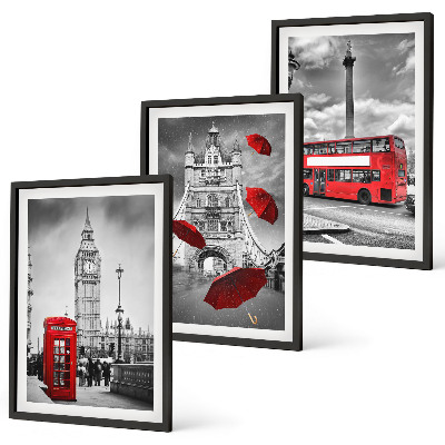 Set de 3 cuadros para salón Cabina de paraguas rojos y autobús de Londres
