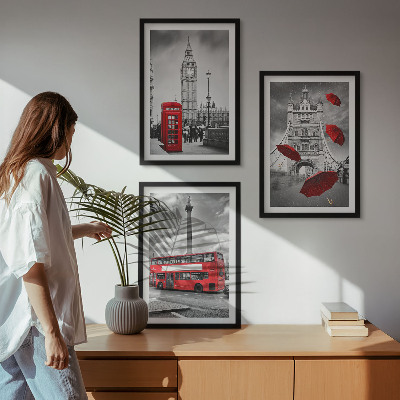 Set de 3 cuadros para salón Cabina de paraguas rojos y autobús de Londres