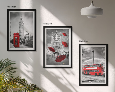 Set de 3 cuadros para salón Cabina de paraguas rojos y autobús de Londres
