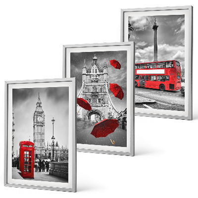 Set de 3 cuadros para salón Cabina de paraguas rojos y autobús de Londres