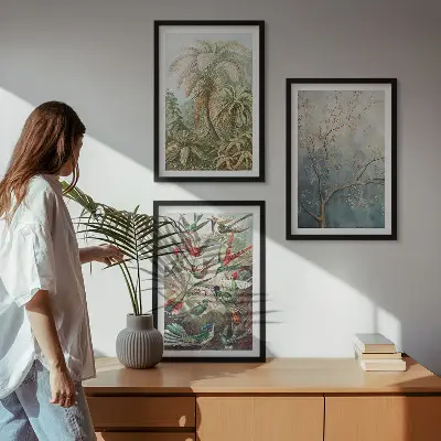 Juego de 3 cuadros con diseño de plantas tropicales, aves y motivos de naturaleza