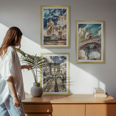 Set de 3 cuadros para salón Puentes, torres, ciudades europeas
