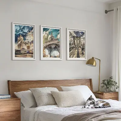 Set de 3 cuadros para salón con motivos de puentes, torres y ciudades europeas