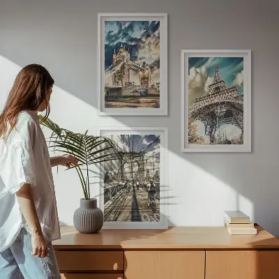 Set de 3 cuadros para salón con motivos de puentes, torres y ciudades europeas