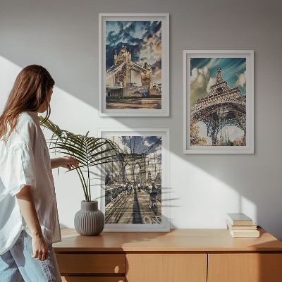 Set de 3 cuadros para salón Puentes, torres, ciudades europeas