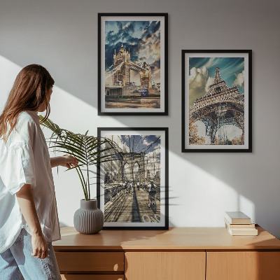 Set de 3 cuadros para salón Puentes, torres, ciudades europeas