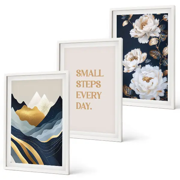 Set de 3 cuadros para salón con diseño abstracto de montañas y flores