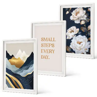 Set de 3 cuadros para salón con diseño abstracto de montañas y flores