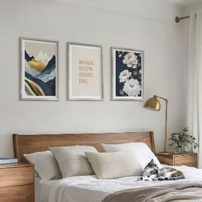 Set de 3 cuadros para salón con diseño abstracto de montañas y flores