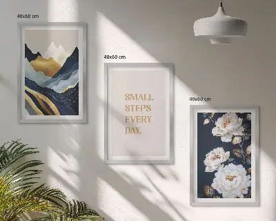 Set de 3 cuadros para salón con diseño abstracto de montañas y flores