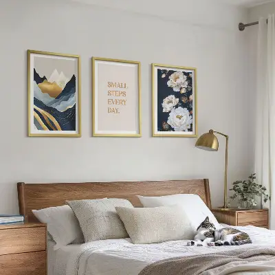 Set de 3 cuadros para salón con diseño abstracto de montañas y flores