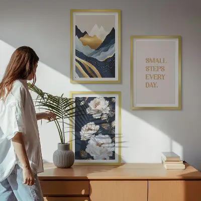 Set de 3 cuadros para salón con diseño abstracto de montañas y flores