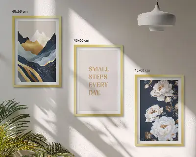 Set de 3 cuadros para salón con diseño abstracto de montañas y flores