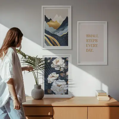 Set de 3 cuadros para salón con diseño abstracto de montañas y flores