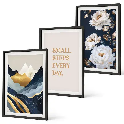 Set de 3 cuadros para salón con diseño abstracto de montañas y flores