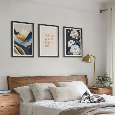 Set de 3 cuadros para salón con diseño abstracto de montañas y flores
