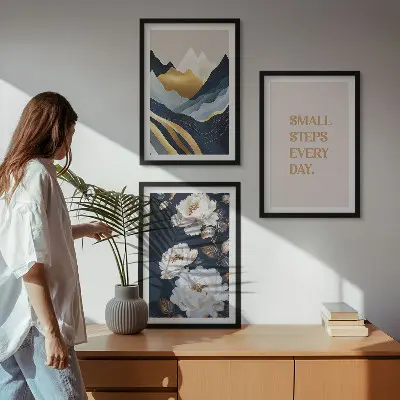 Set de 3 cuadros para salón con diseño abstracto de montañas y flores