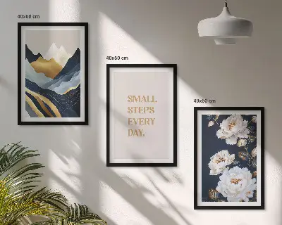 Set de 3 cuadros para salón con diseño abstracto de montañas y flores
