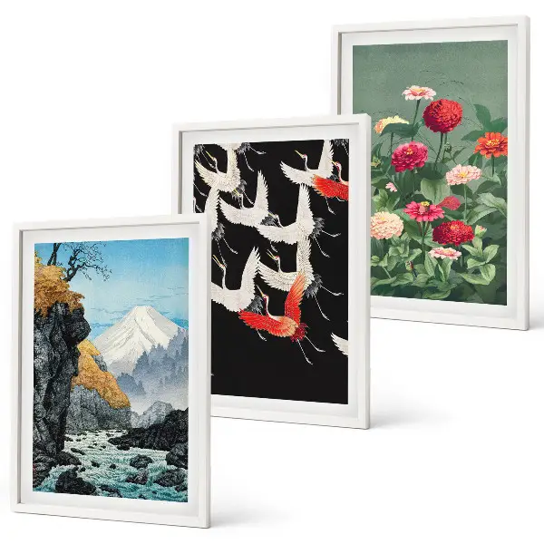 Set de 3 cuadros decorativos para salón con diseño de montañas, cascada, pájaros y flores