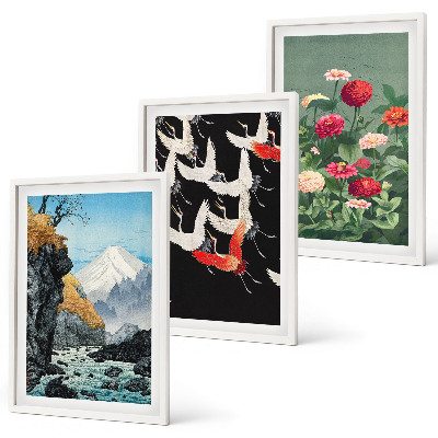 Set de 3 cuadros para salón montañas cascada pájaros flores