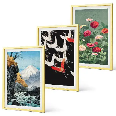 Set de 3 cuadros decorativos para salón con diseño de montañas, cascada, pájaros y flores