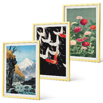 Set de 3 cuadros para salón montañas cascada pájaros flores