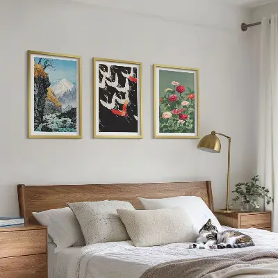 Set de 3 cuadros decorativos para salón con diseño de montañas, cascada, pájaros y flores