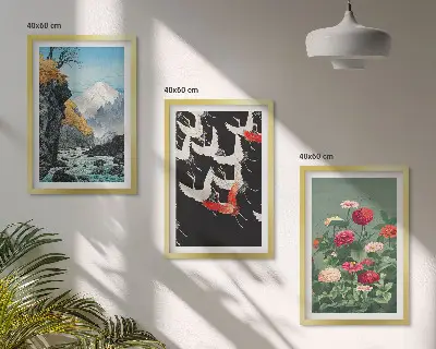 Set de 3 cuadros decorativos para salón con diseño de montañas, cascada, pájaros y flores