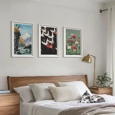 Set de 3 cuadros decorativos para salón con diseño de montañas, cascada, pájaros y flores
