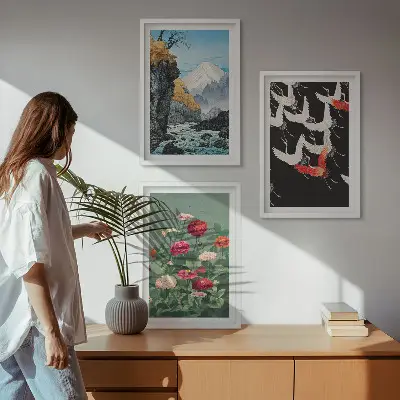 Set de 3 cuadros decorativos para salón con diseño de montañas, cascada, pájaros y flores