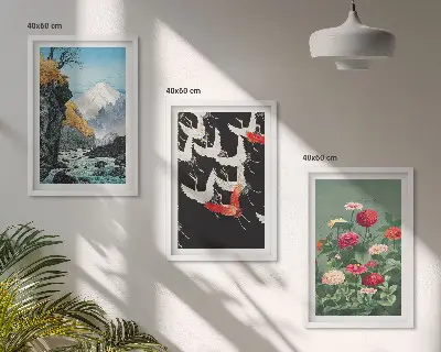 Set de 3 cuadros decorativos para salón con diseño de montañas, cascada, pájaros y flores