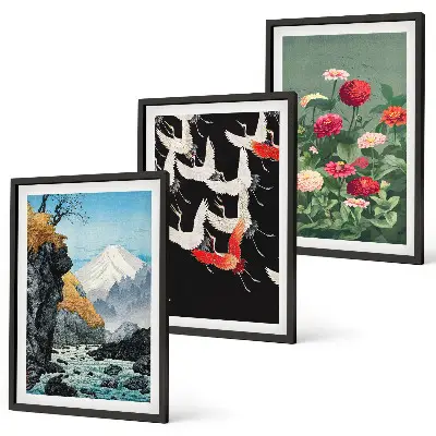 Set de 3 cuadros decorativos para salón con diseño de montañas, cascada, pájaros y flores