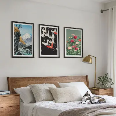 Set de 3 cuadros decorativos para salón con diseño de montañas, cascada, pájaros y flores