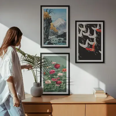 Set de 3 cuadros decorativos para salón con diseño de montañas, cascada, pájaros y flores