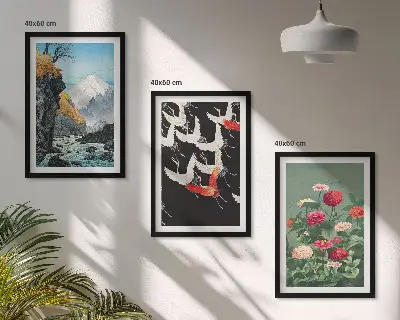 Set de 3 cuadros decorativos para salón con diseño de montañas, cascada, pájaros y flores
