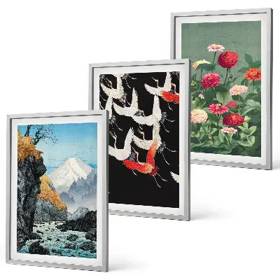 Set de 3 cuadros decorativos para salón con diseño de montañas, cascada, pájaros y flores