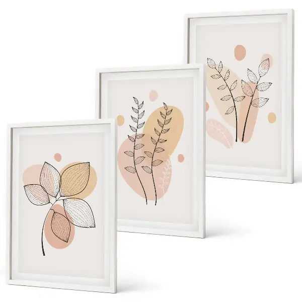Set de 3 cuadros para salón con dibujos de plantas al pastel
