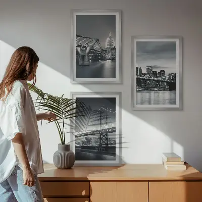 Juego de 3 cuadros con diseño de puentes de arquitectura urbana en tonos grises