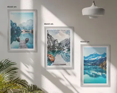Set de 3 cuadros para salón con reflejo de barcos en lagos de montaña